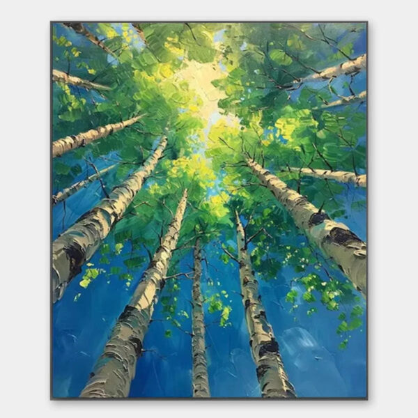 FOREST SUNRISE: Textured Birch Tree Painting, Impasto Wall Art, Vertical Canvas, Nature Decor