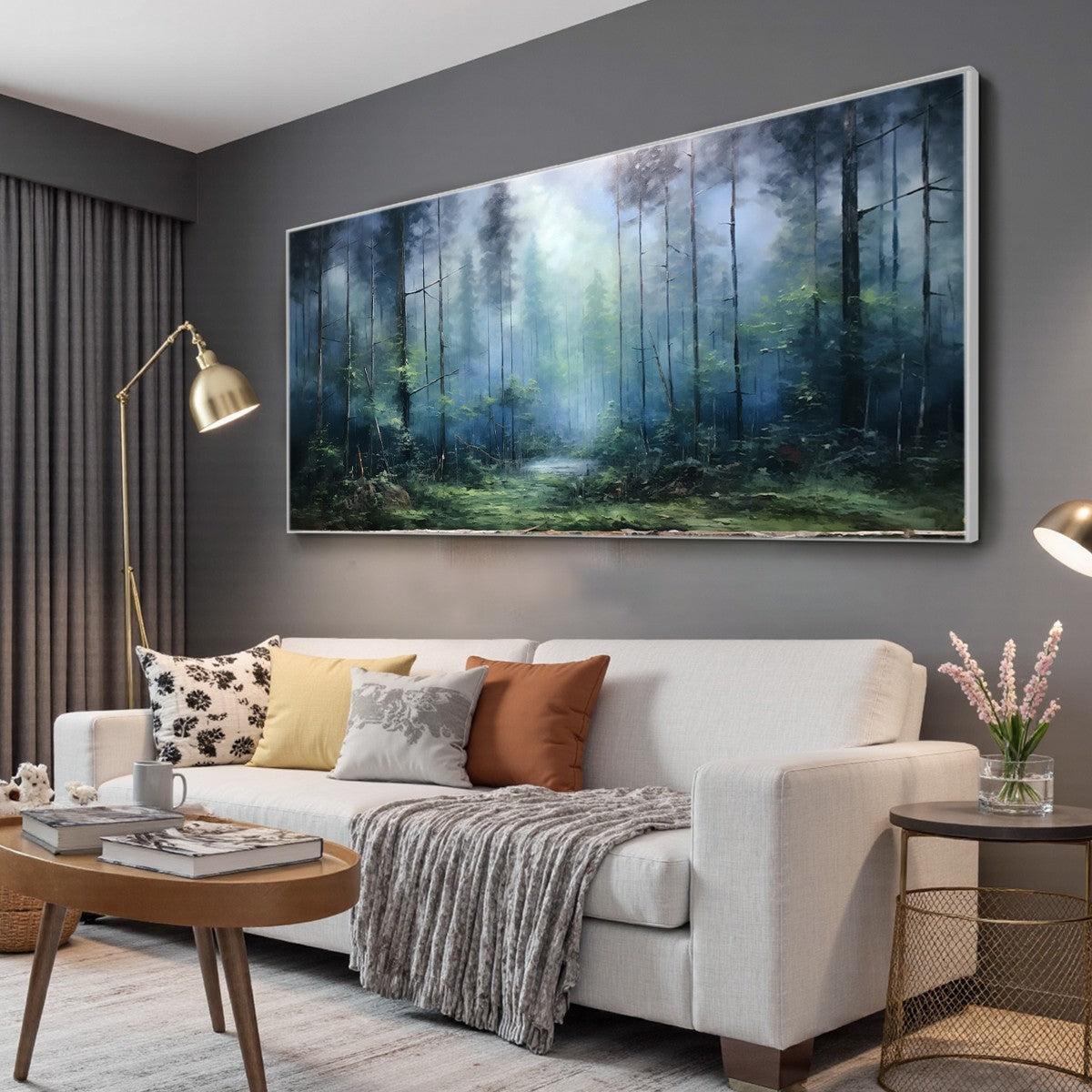 FOREST WHISPERS: Panoramic Misty Forest Oil Painting - Image 4