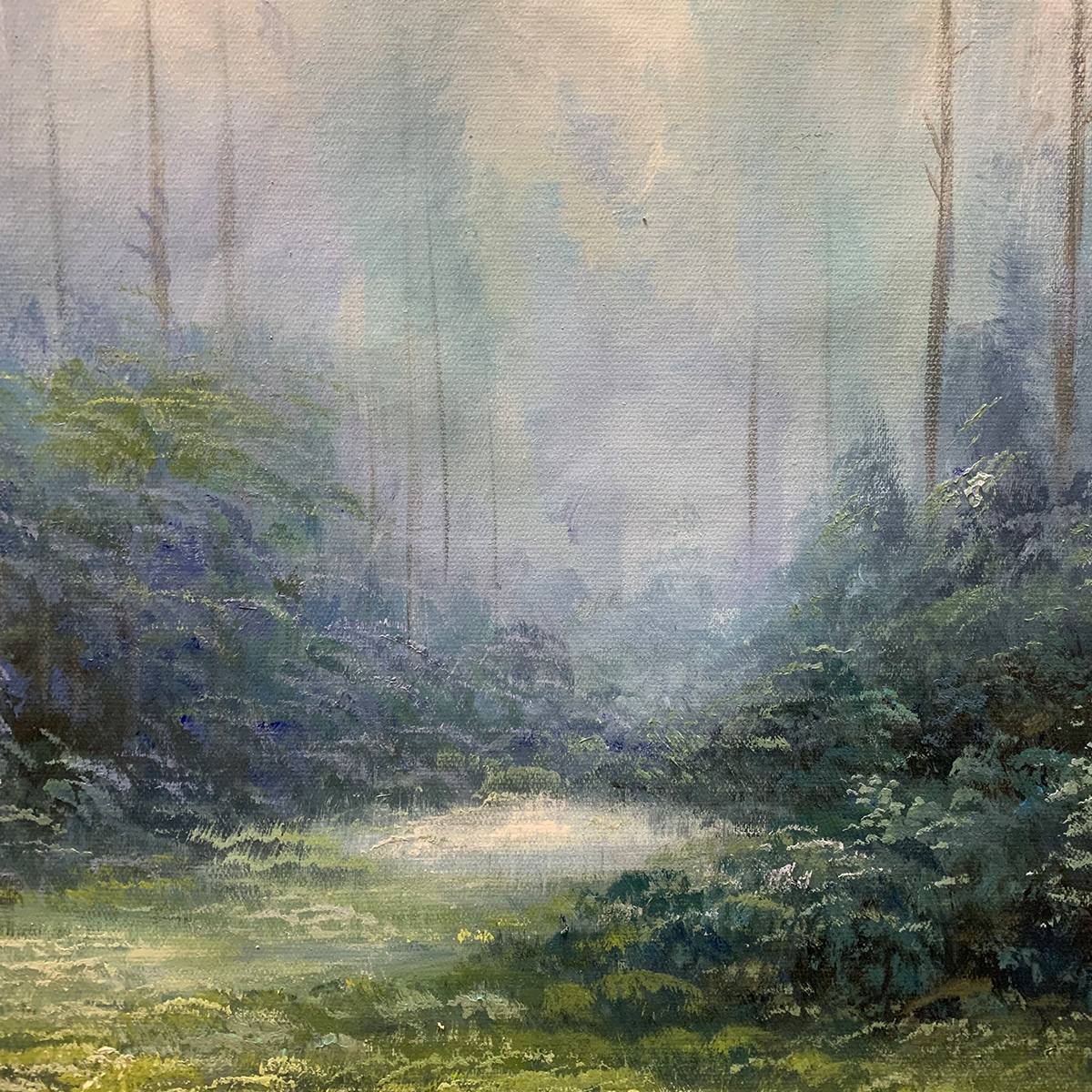 FOREST WHISPERS: Panoramic Misty Forest Oil Painting - Image 5