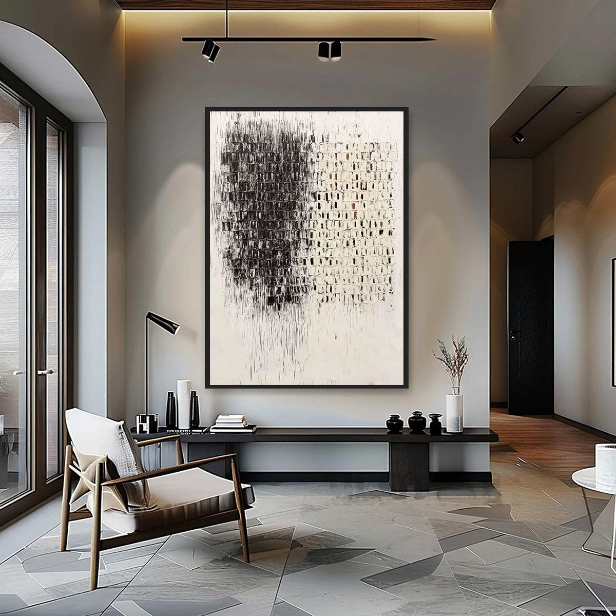 FRAGMENT: Textured Minimalist Black and White Architectural Painting - Image 2