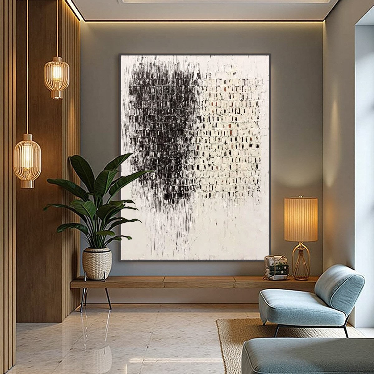 FRAGMENT: Textured Minimalist Black and White Architectural Painting - Image 4