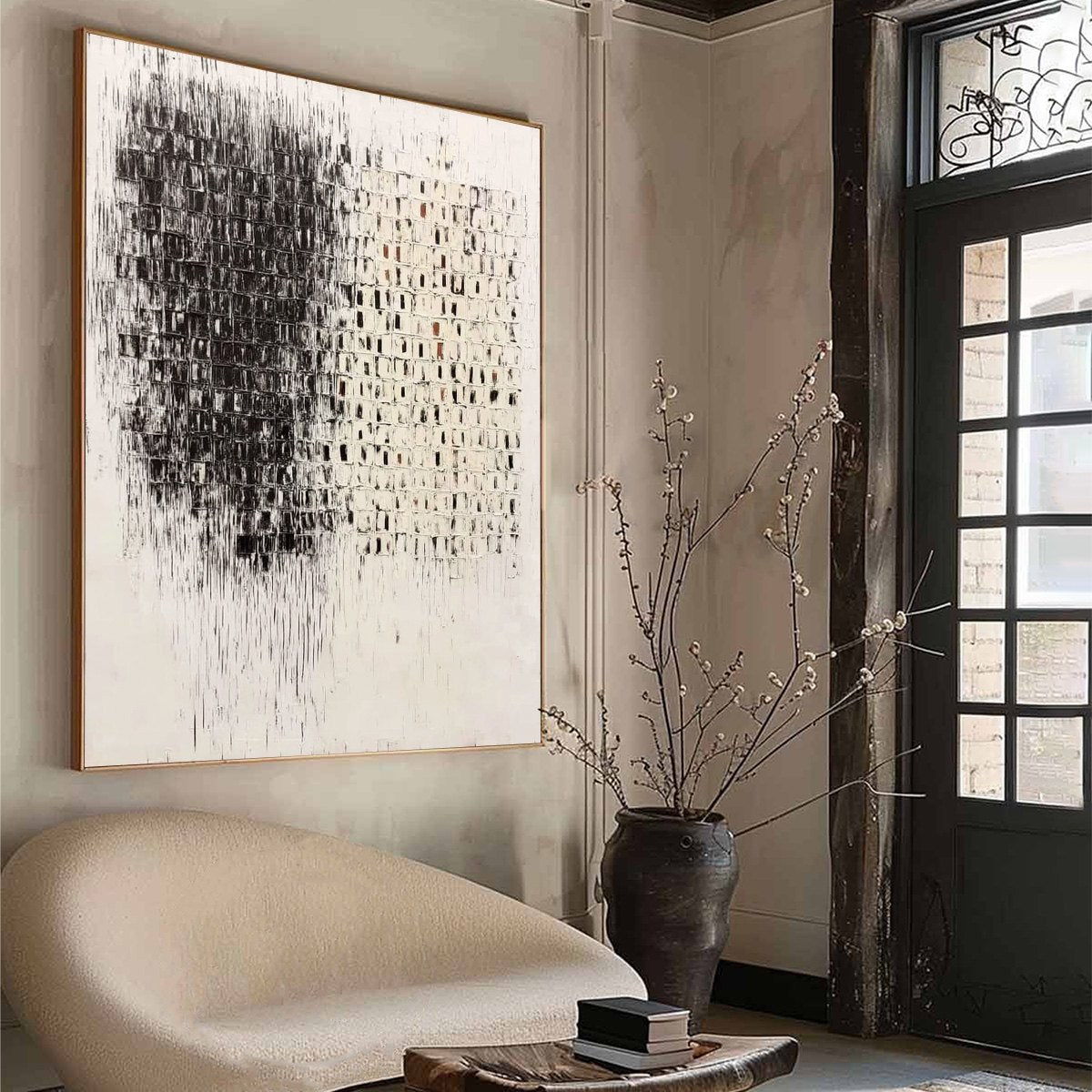 FRAGMENT: Textured Minimalist Black and White Architectural Painting - Image 8