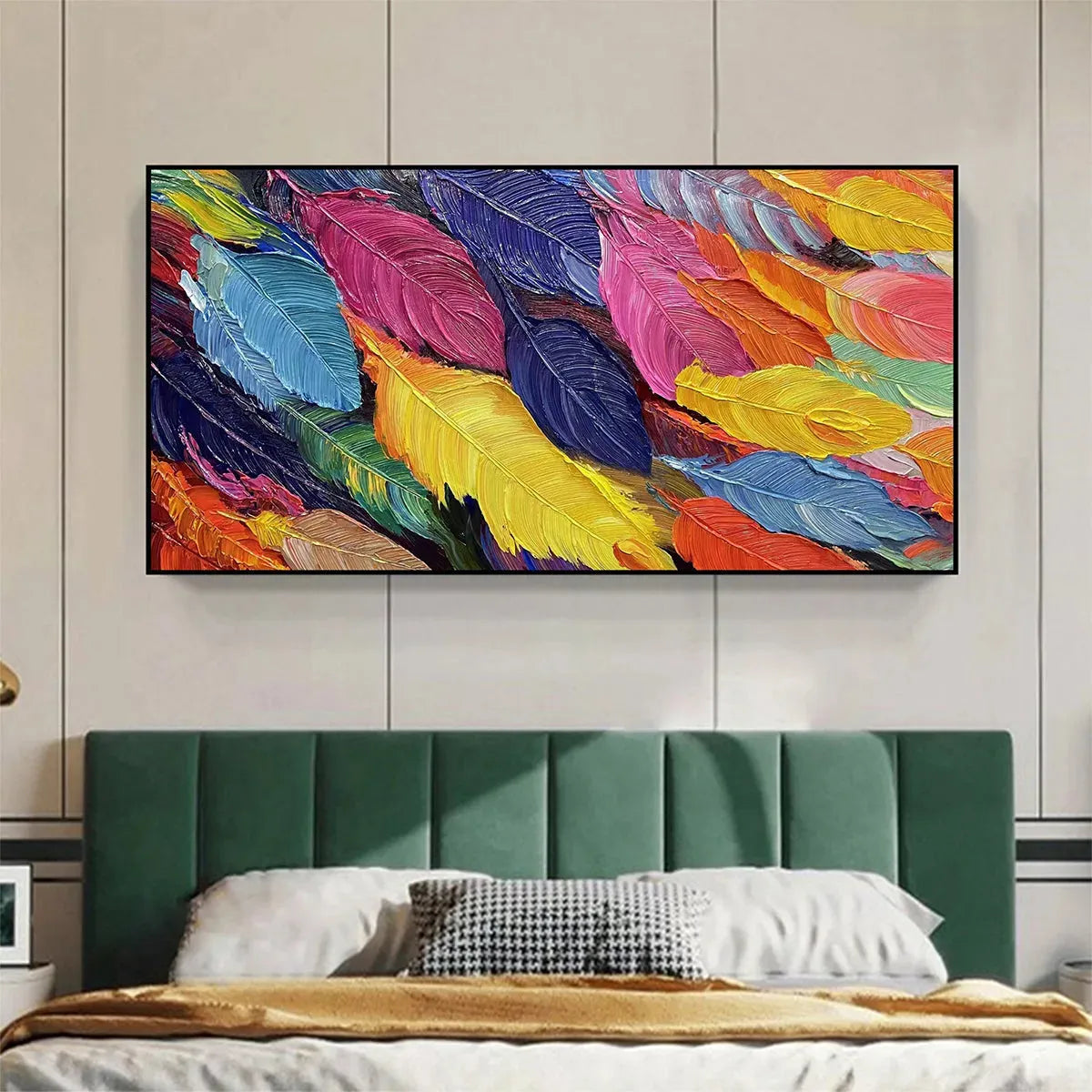 FEATHER DANCE: Horizontal Abstract Painting with Colorful Feathers, Textured Impasto, Modern Wall Art - Image 2