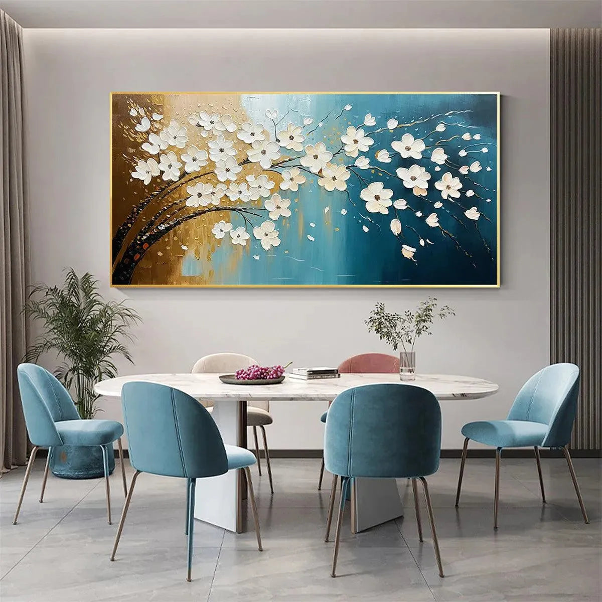 Hand-Painted Floral Tree Oil Painting - Blue & Gold - Image 8