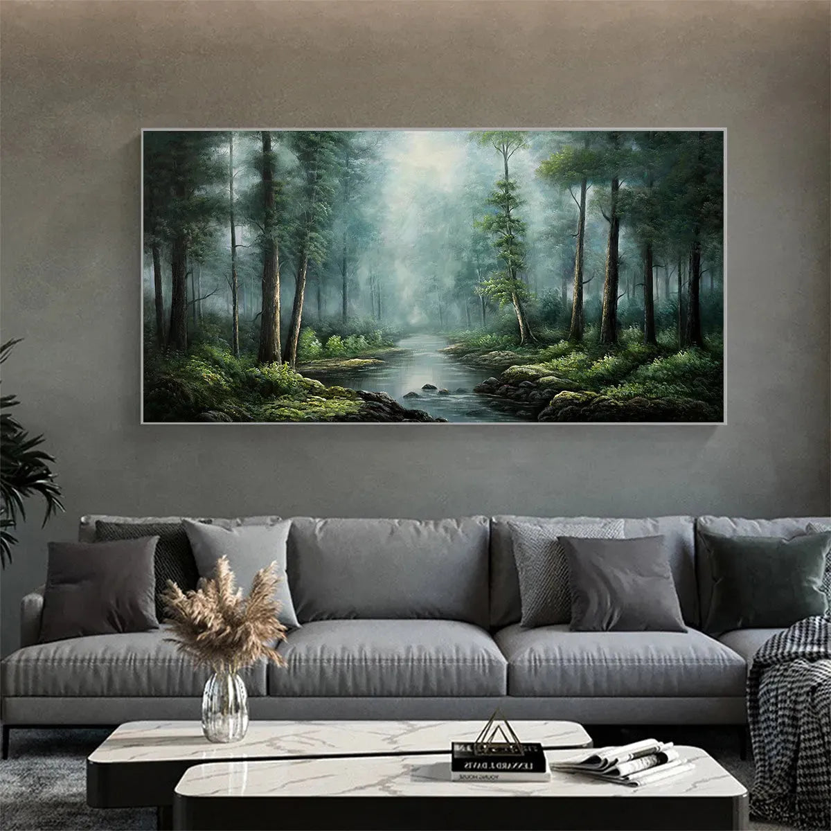 FOREST PATH: Panoramic Forest Painting with Stream, Misty Landscape, Canvas Wall Art - Image 5