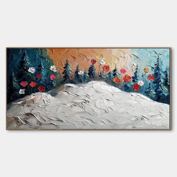 FROZEN BLOOM: Textured Impasto Landscape with Floral Accents