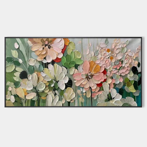 GARDEN DELIGHT: Textured Floral Painting, Impasto Palette Knife, Horizontal Canvas, Garden Wall Art