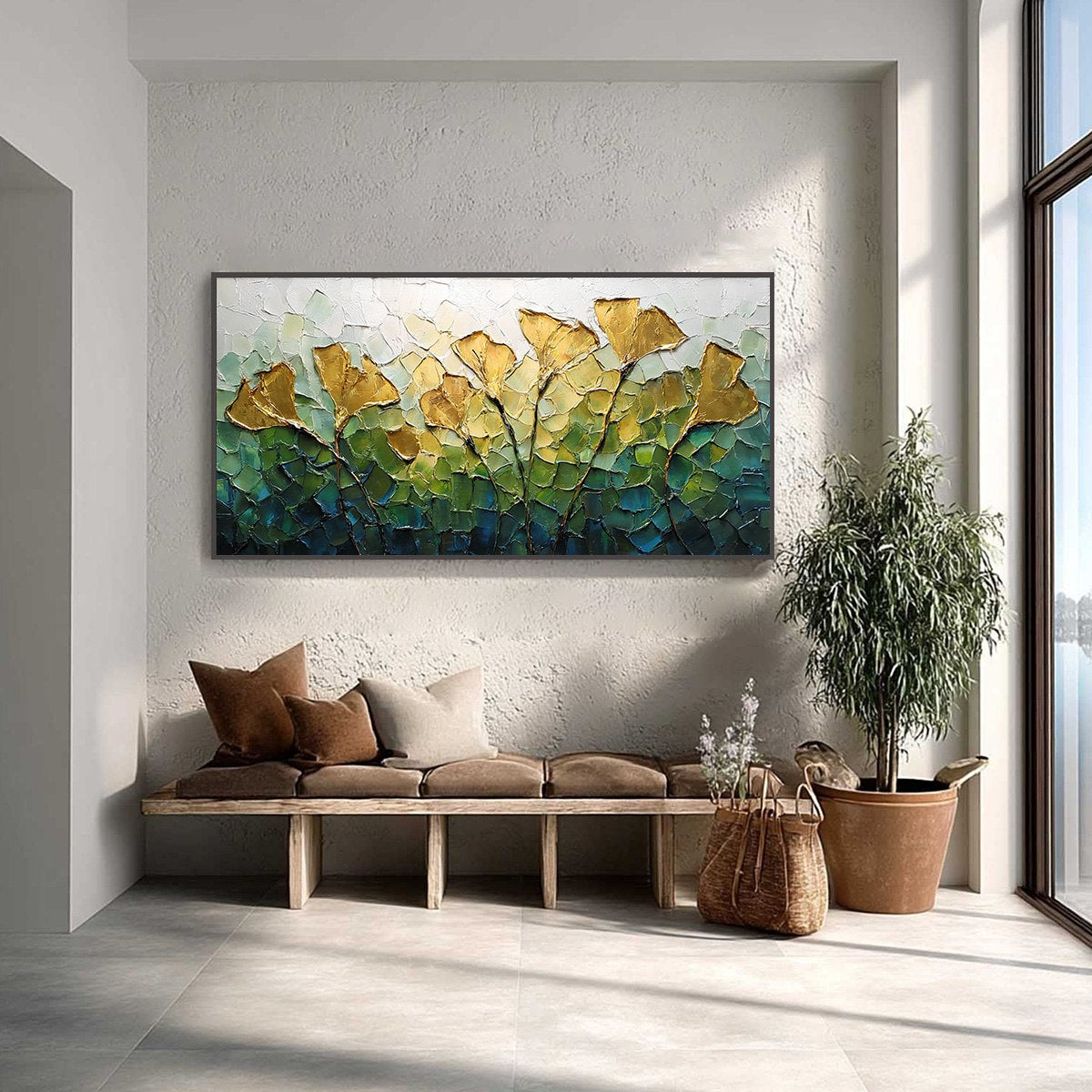GILDED GINKGO: Textured Golden Floral Impasto Oil Painting - Image 2