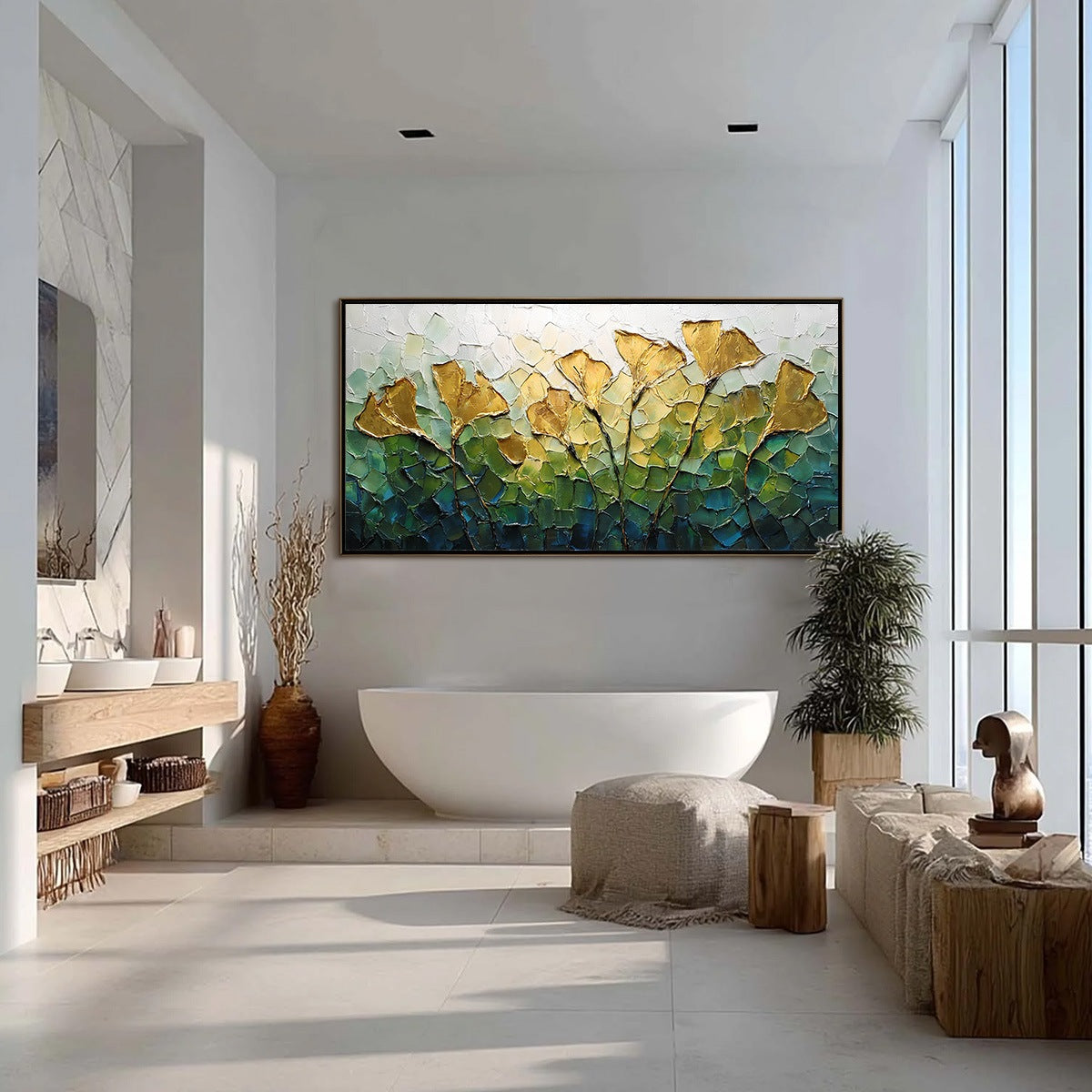 GILDED GINKGO: Textured Golden Floral Impasto Oil Painting - Image 4