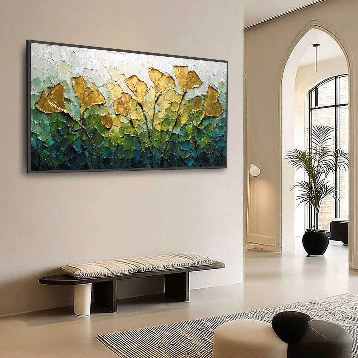 GILDED GINKGO: Textured Golden Floral Impasto Oil Painting - Image 7