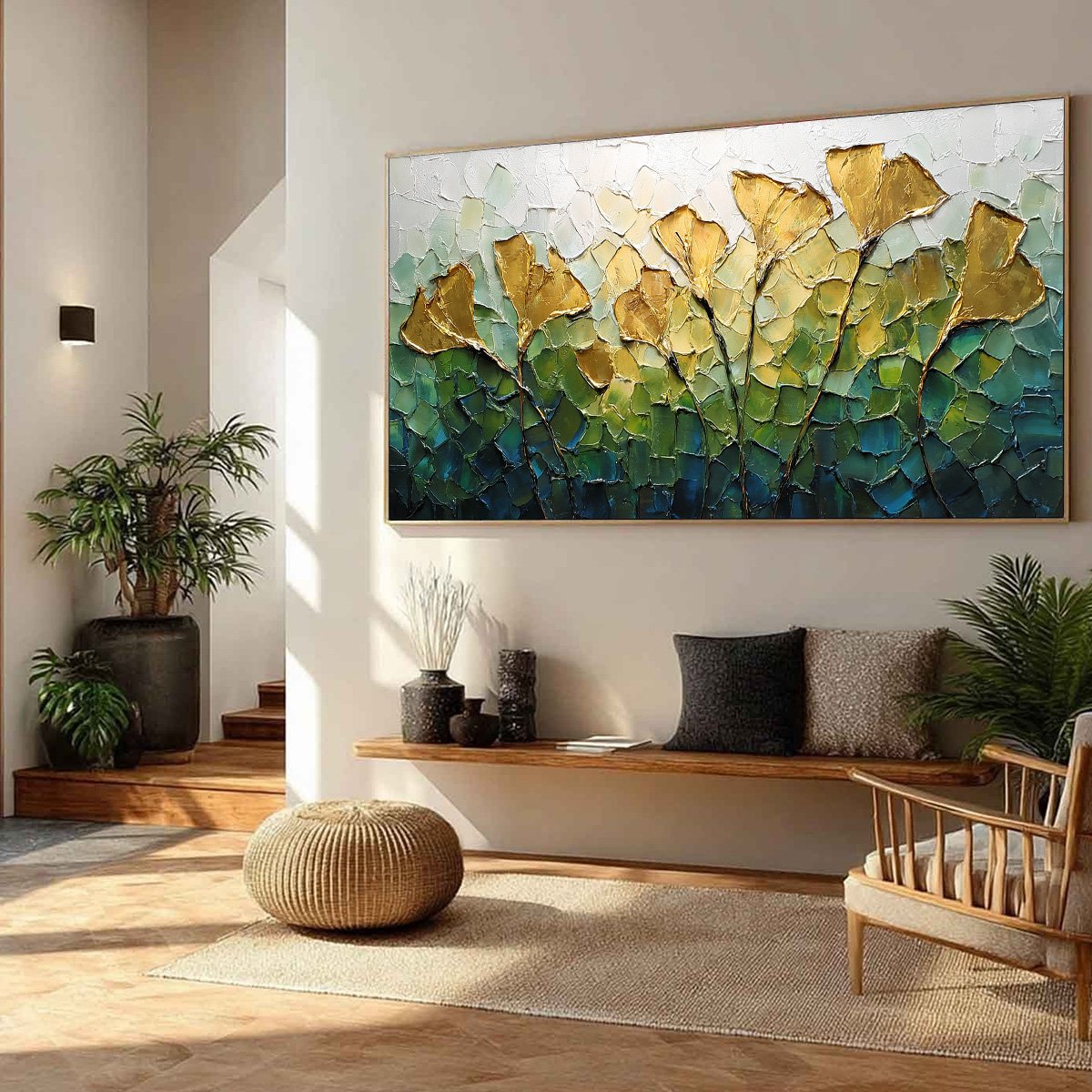 GILDED GINKGO: Textured Golden Floral Impasto Oil Painting - Image 8