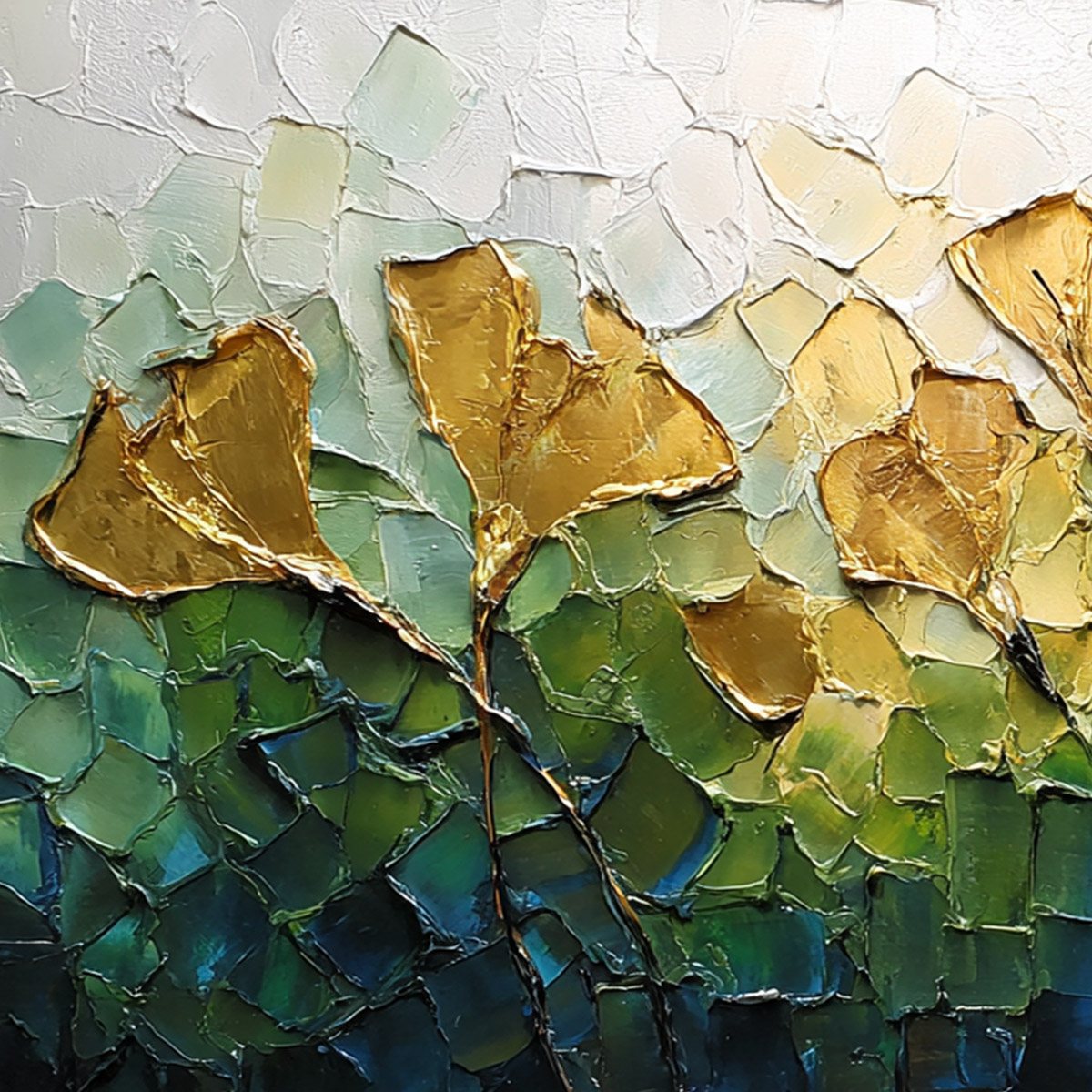 GILDED GINKGO: Textured Golden Floral Impasto Oil Painting - Image 3