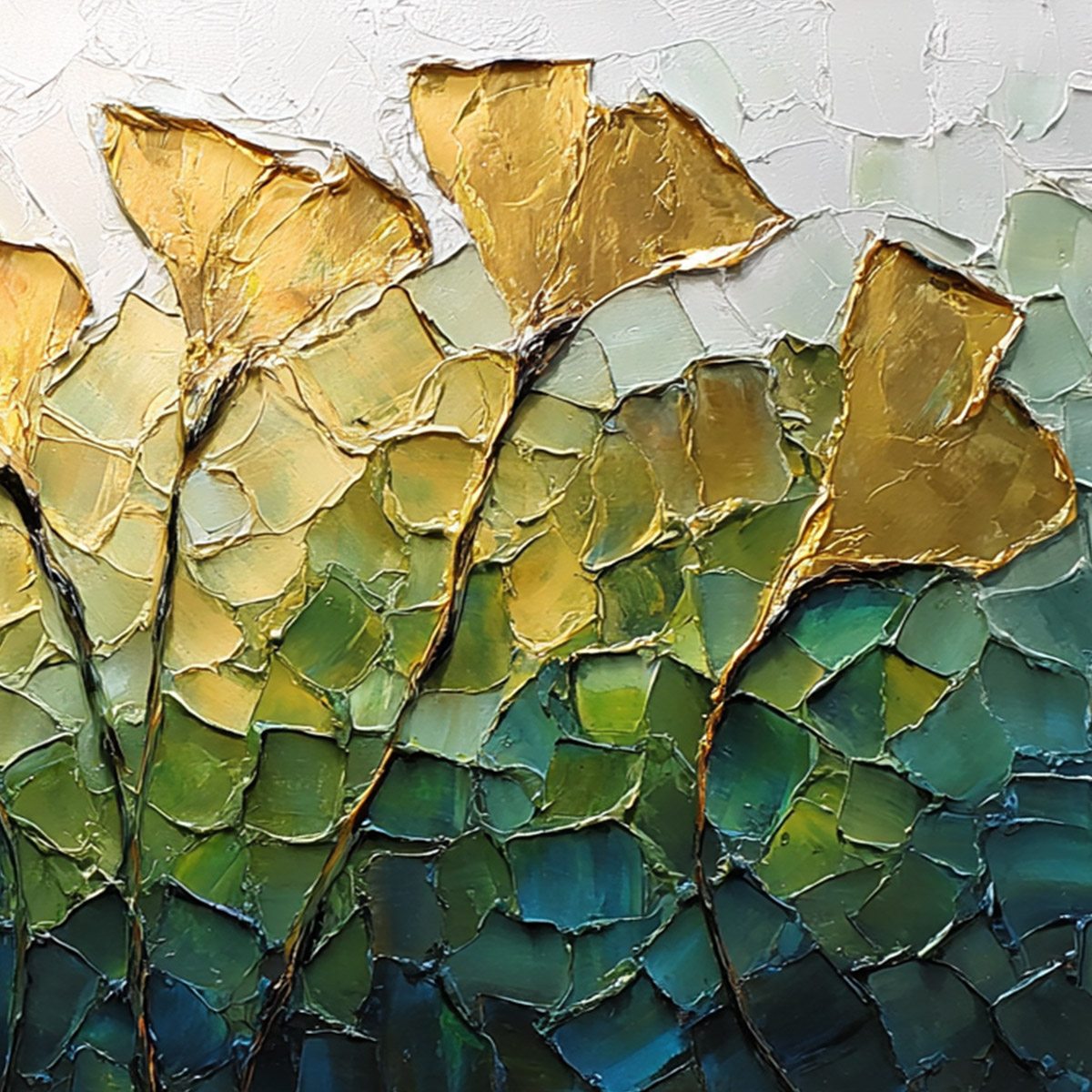 GILDED GINKGO: Textured Golden Floral Impasto Oil Painting - Image 5