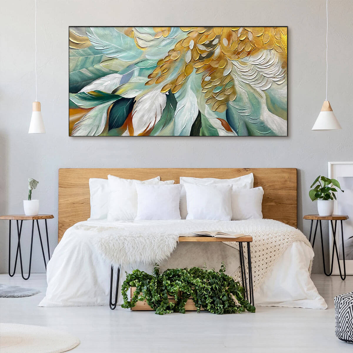 GILDED GARDEN: Green and Gold Floral Textured Impasto Oil Painting - Image 7