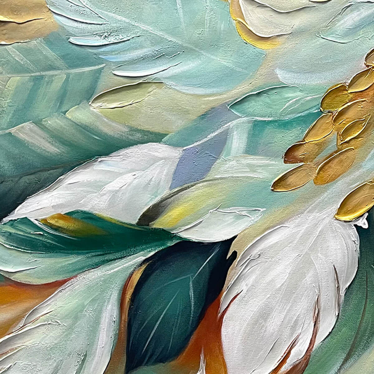 GILDED GARDEN: Green and Gold Floral Textured Impasto Oil Painting - Image 3