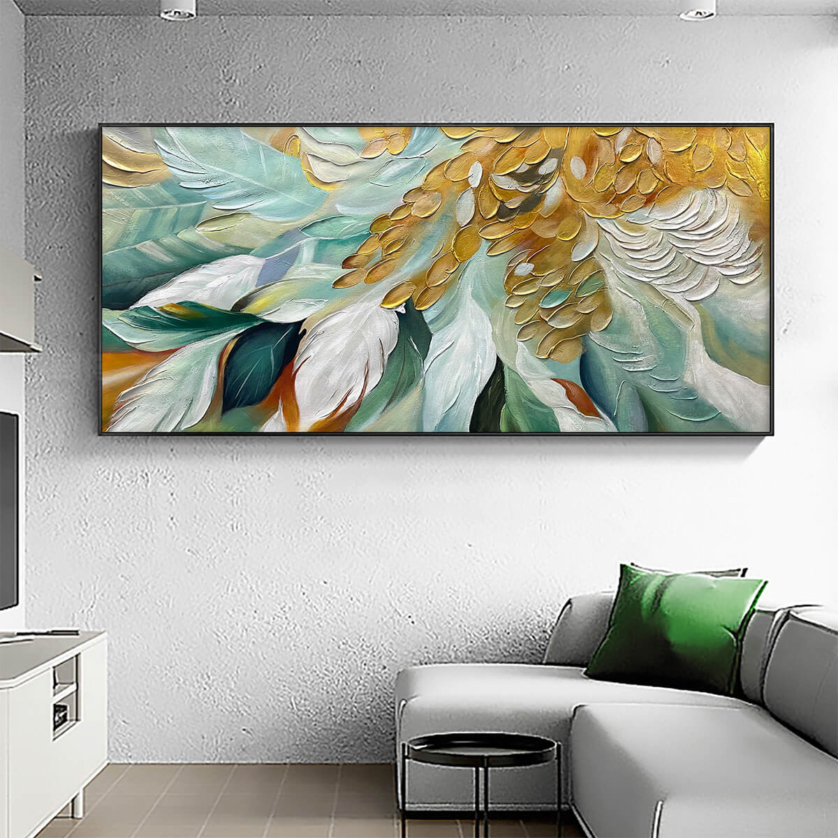 GILDED GARDEN: Green and Gold Floral Textured Impasto Oil Painting - Image 2