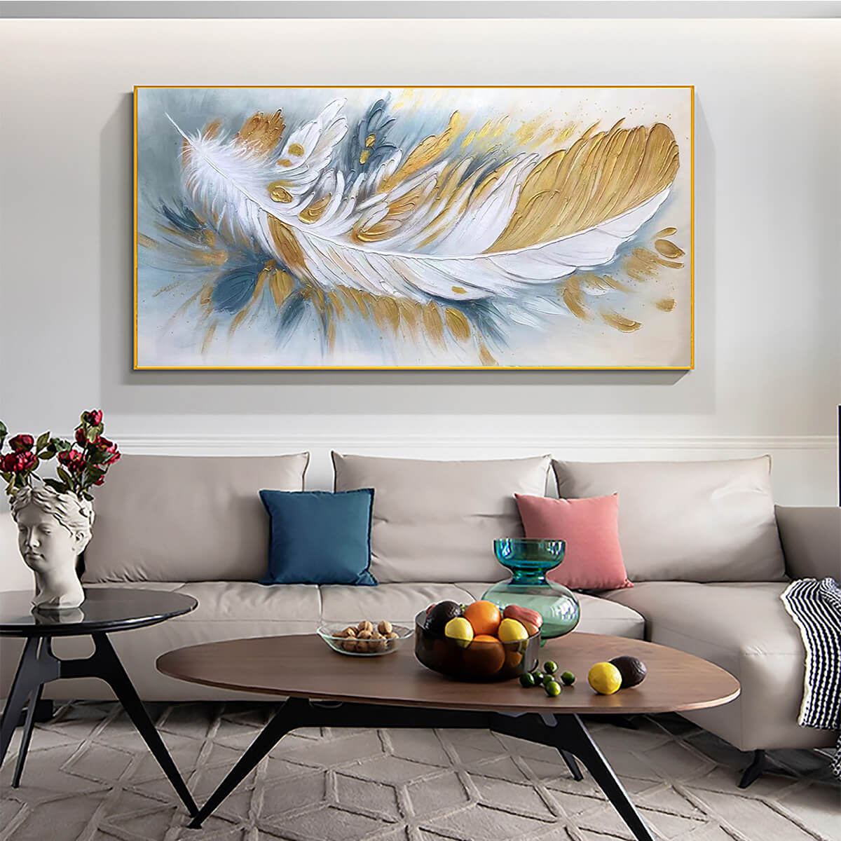 GILDED PLUME: Textured Feather Oil Painting Canvas Wall Art - Image 2