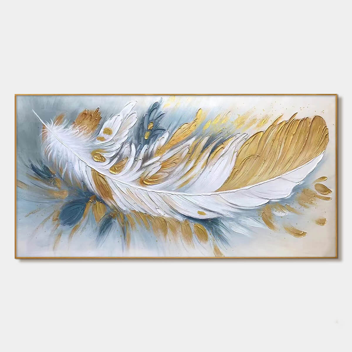 GILDED PLUME: Textured Feather Oil Painting Canvas Wall Art