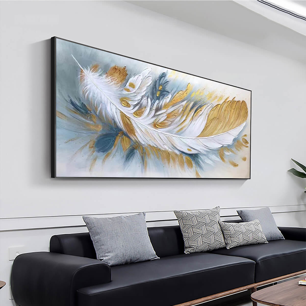 GILDED PLUME: Textured Feather Oil Painting Canvas Wall Art - Image 4