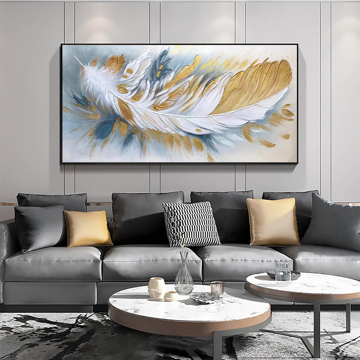 GILDED PLUME: Textured Feather Oil Painting Canvas Wall Art - Image 6