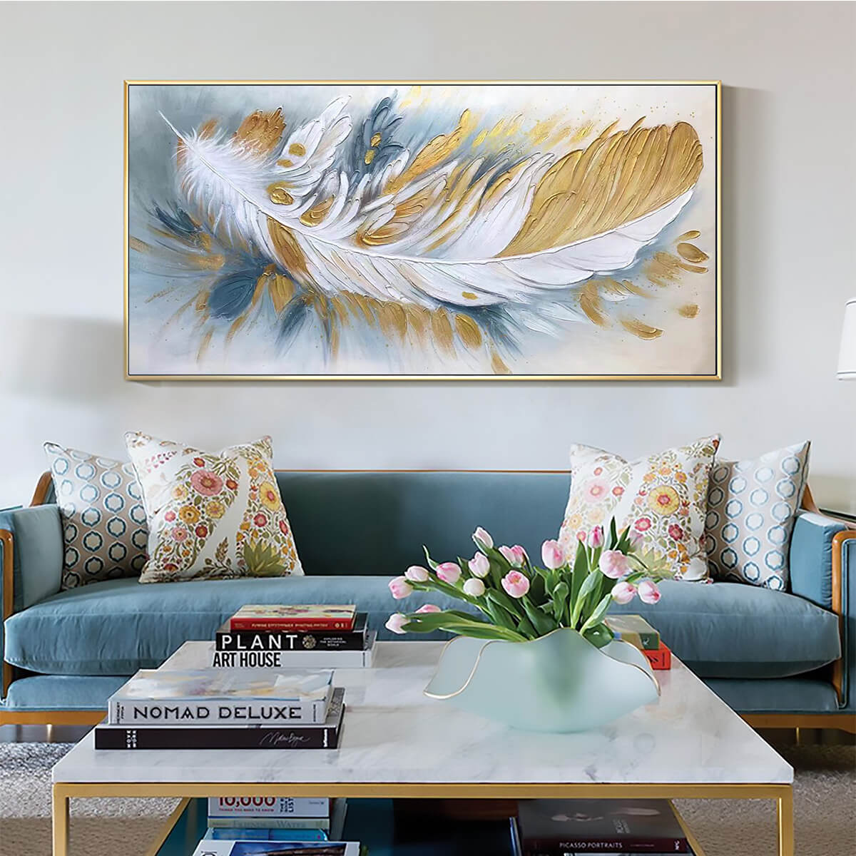 GILDED PLUME: Textured Feather Oil Painting Canvas Wall Art - Image 7