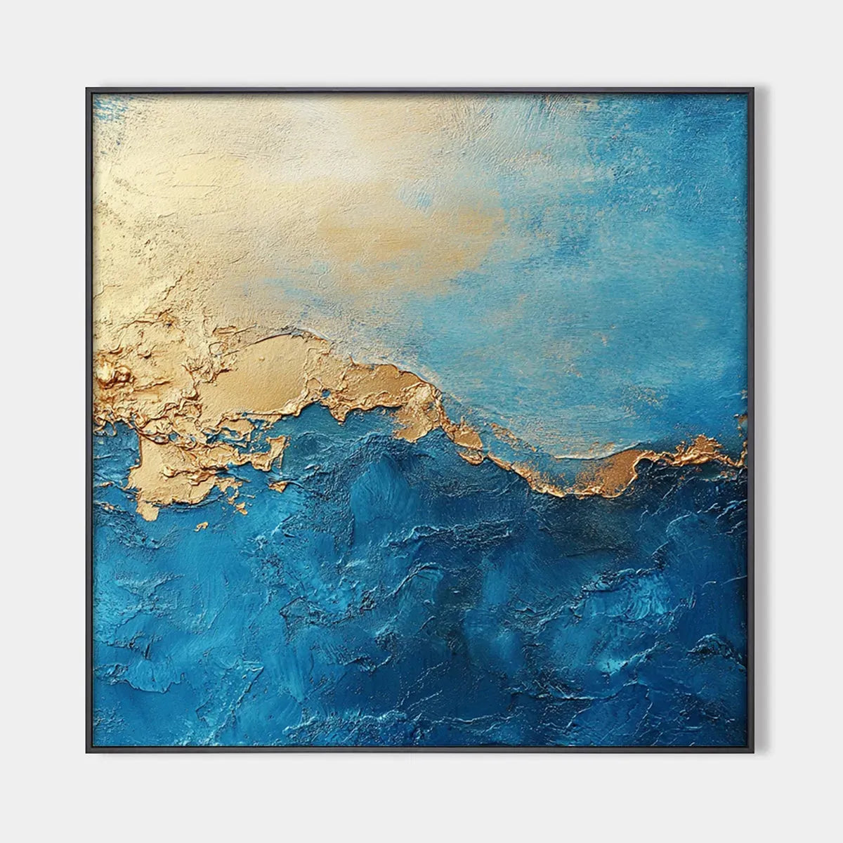 GILDED TIDEPOOL: Square Abstract Oil Painting with Gold Leaf and Blue