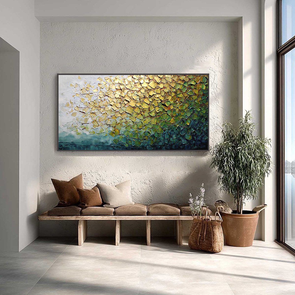 GOLDEN CANOPY: Heavily Textured Gold & Green Abstract Impasto Painting - Image 2