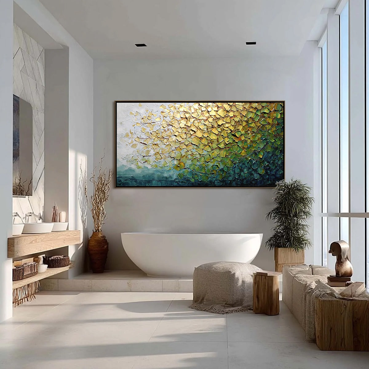 GOLDEN CANOPY: Heavily Textured Gold & Green Abstract Impasto Painting - Image 4
