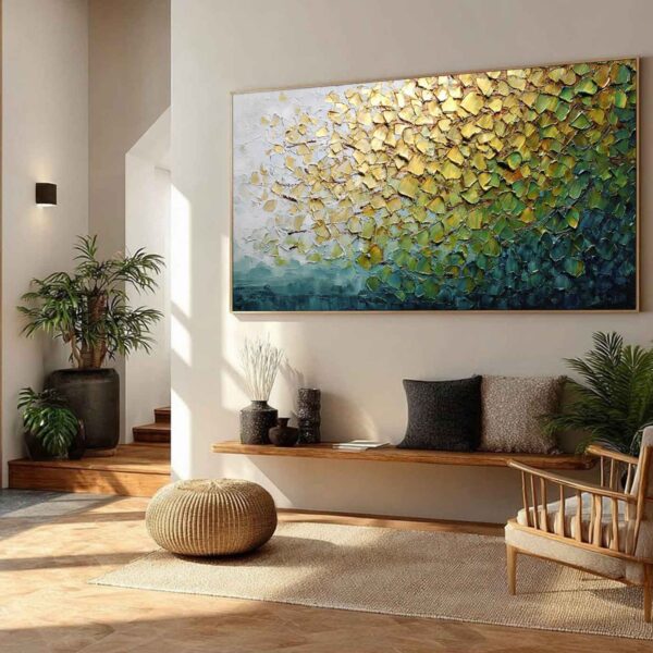 GOLDEN CANOPY: Heavily Textured Gold & Green Abstract Impasto Painting