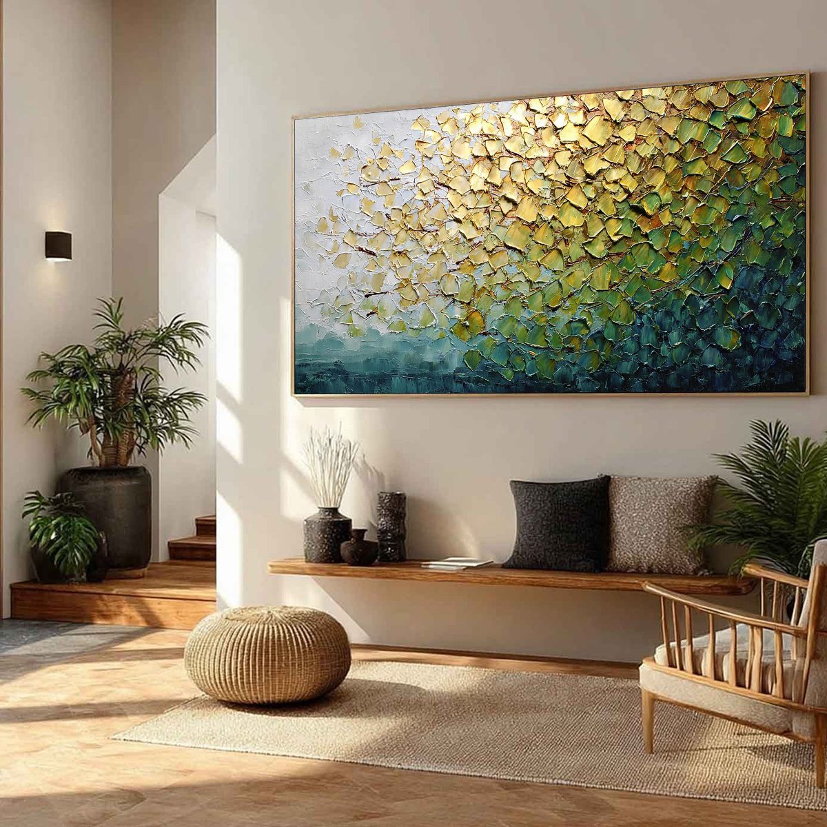 GOLDEN CANOPY: Heavily Textured Gold & Green Abstract Impasto Painting - Image 8