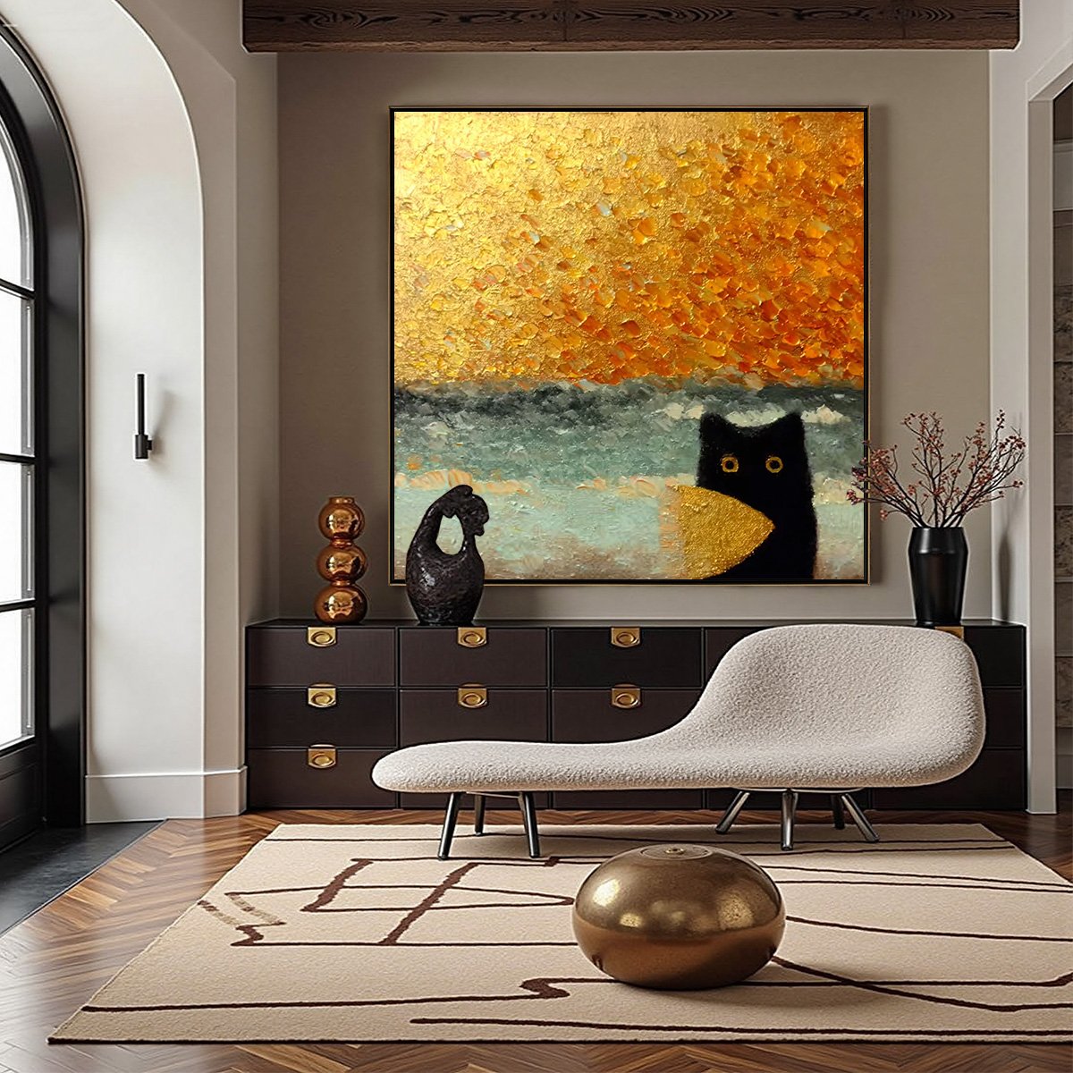 GOLDEN CATCH: Textured Gold Leaf Abstract Cat Painting - Image 2