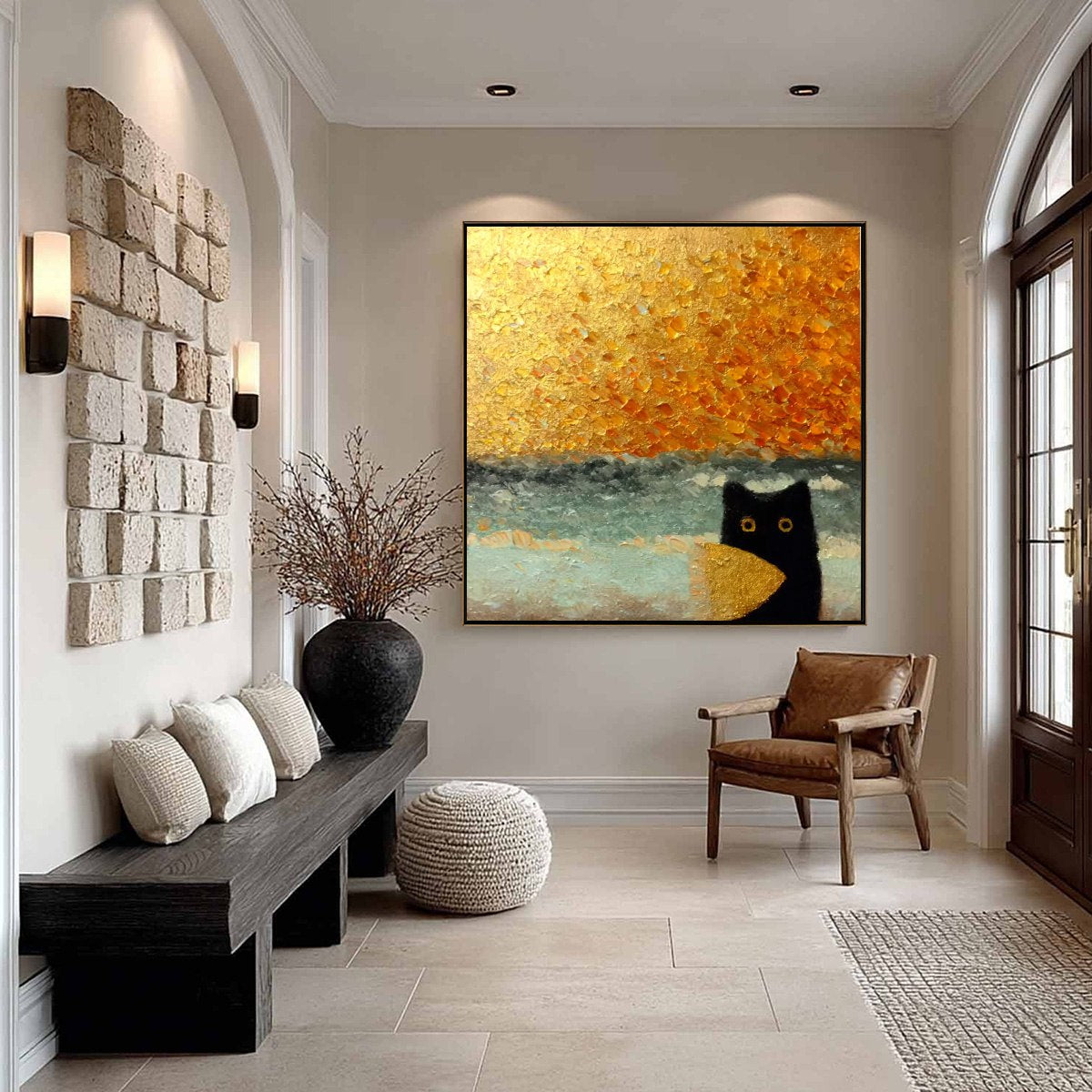 GOLDEN CATCH: Textured Gold Leaf Abstract Cat Painting - Image 8