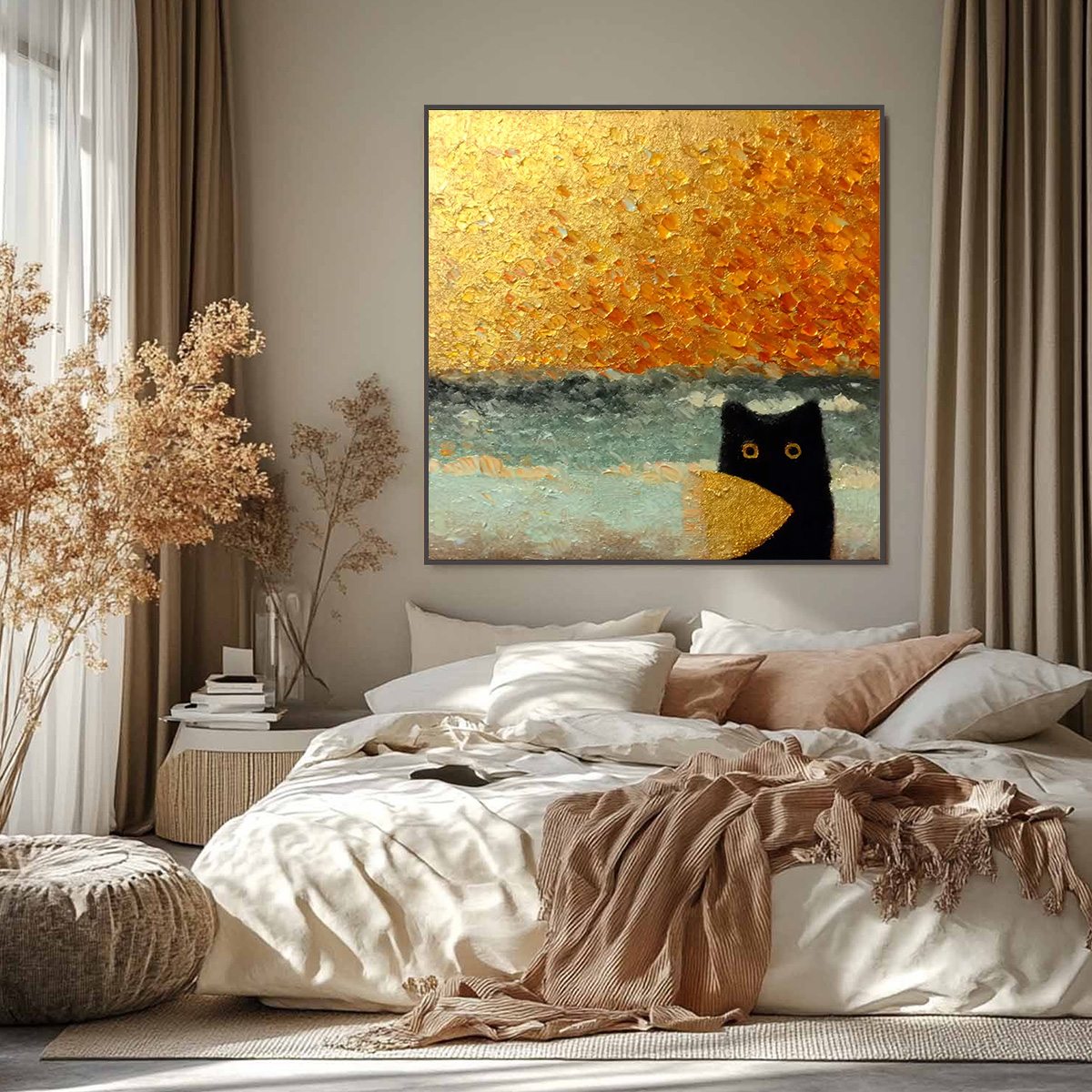 GOLDEN CATCH: Textured Gold Leaf Abstract Cat Painting - Image 7