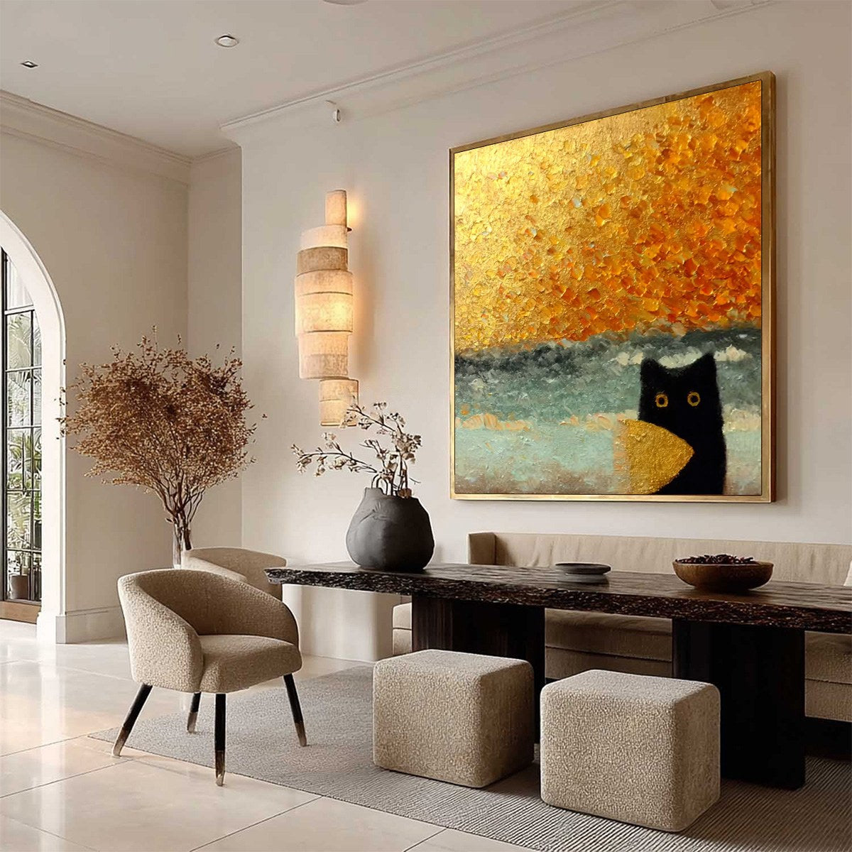 GOLDEN CATCH: Textured Gold Leaf Abstract Cat Painting - Image 5