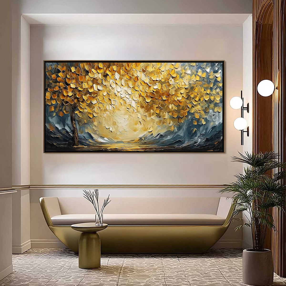 GOLDEN EMBRACE: Textured Golden Leaf Tree Impasto Landscape Painting - Image 2