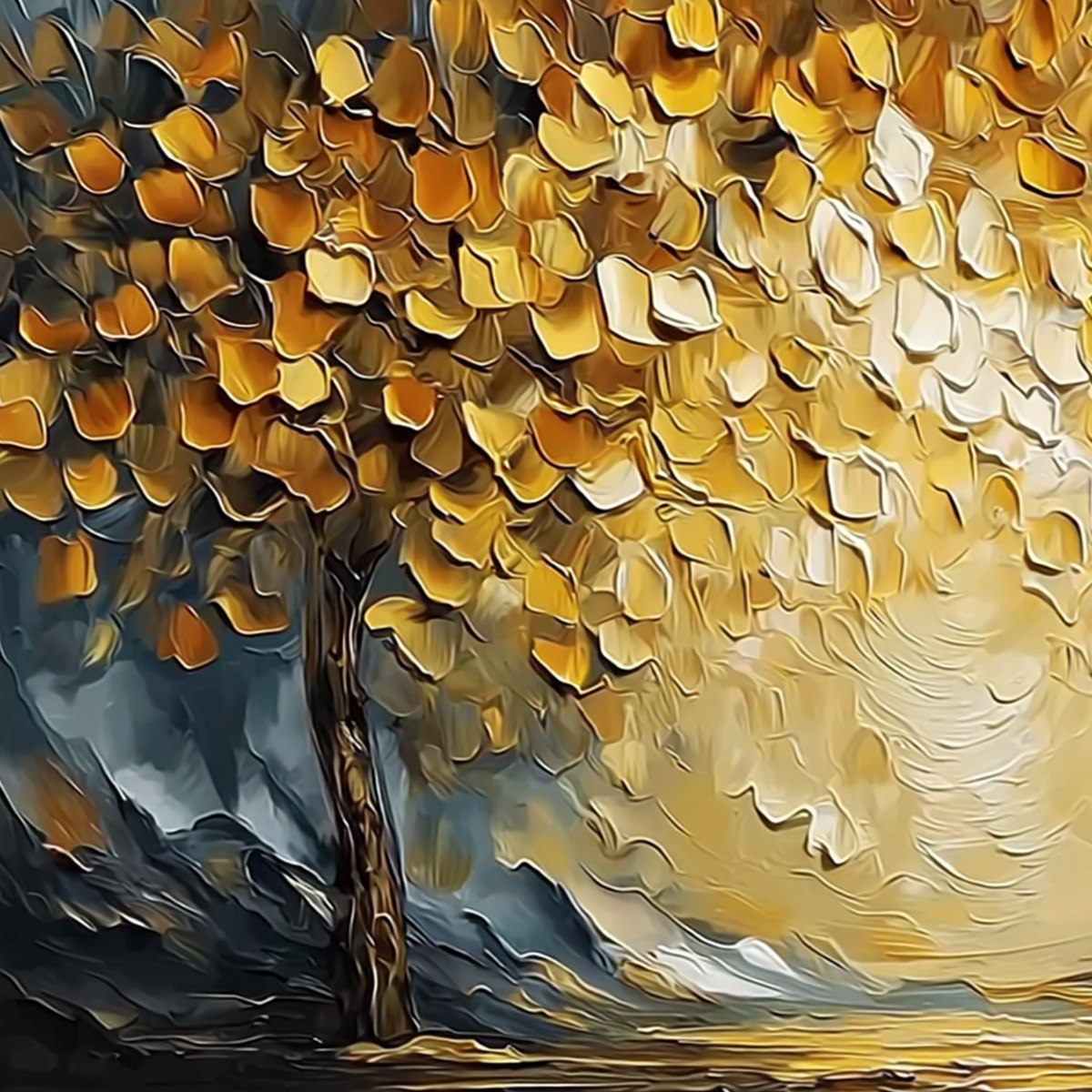 GOLDEN EMBRACE: Textured Golden Leaf Tree Impasto Landscape Painting - Image 3