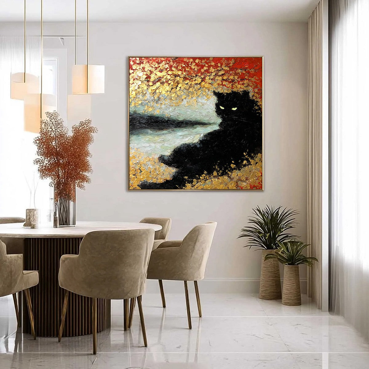 GOLDEN GAZE: Textured Impasto Black Cat Painting with Gold Leaf - Image 4