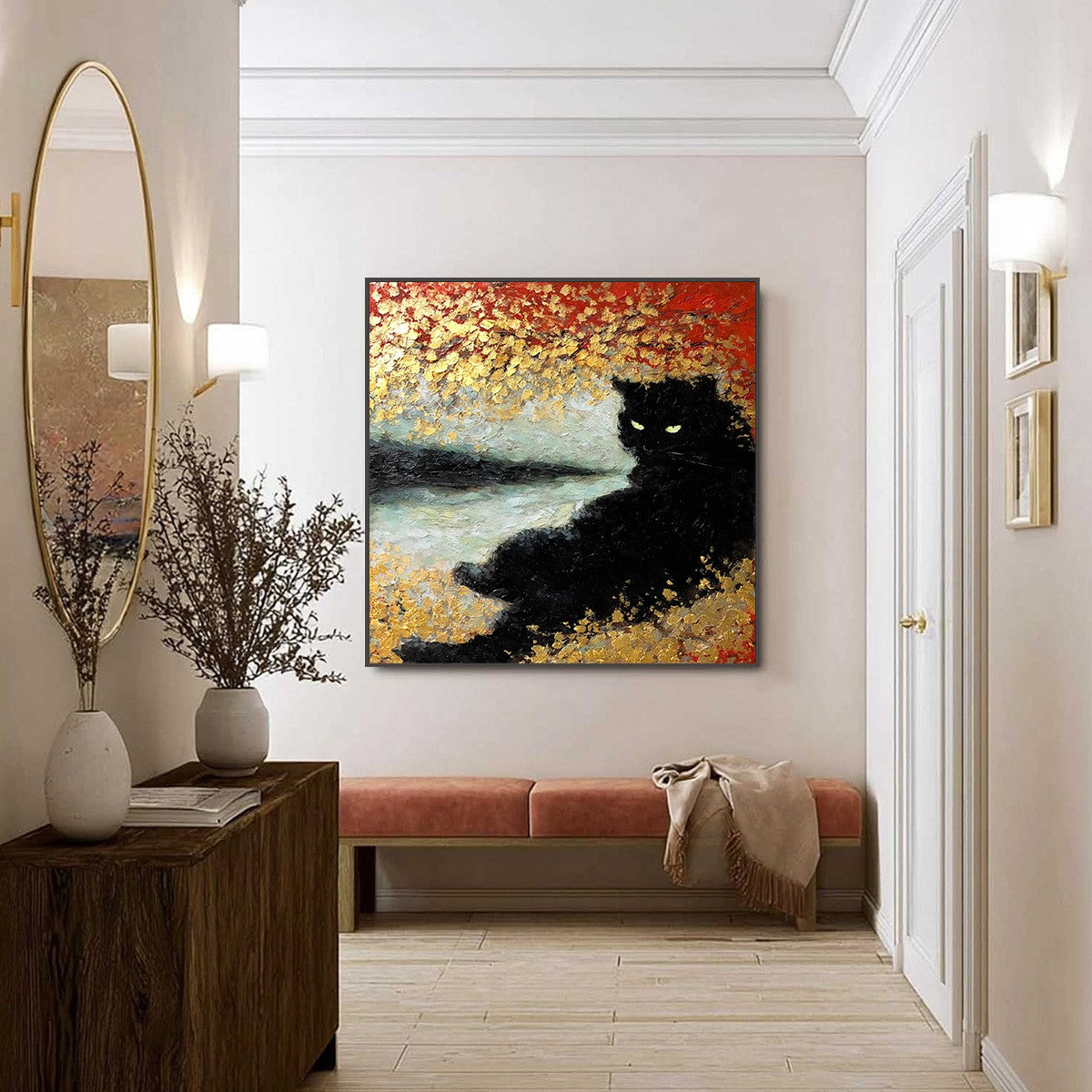 GOLDEN GAZE: Textured Impasto Black Cat Painting with Gold Leaf - Image 6