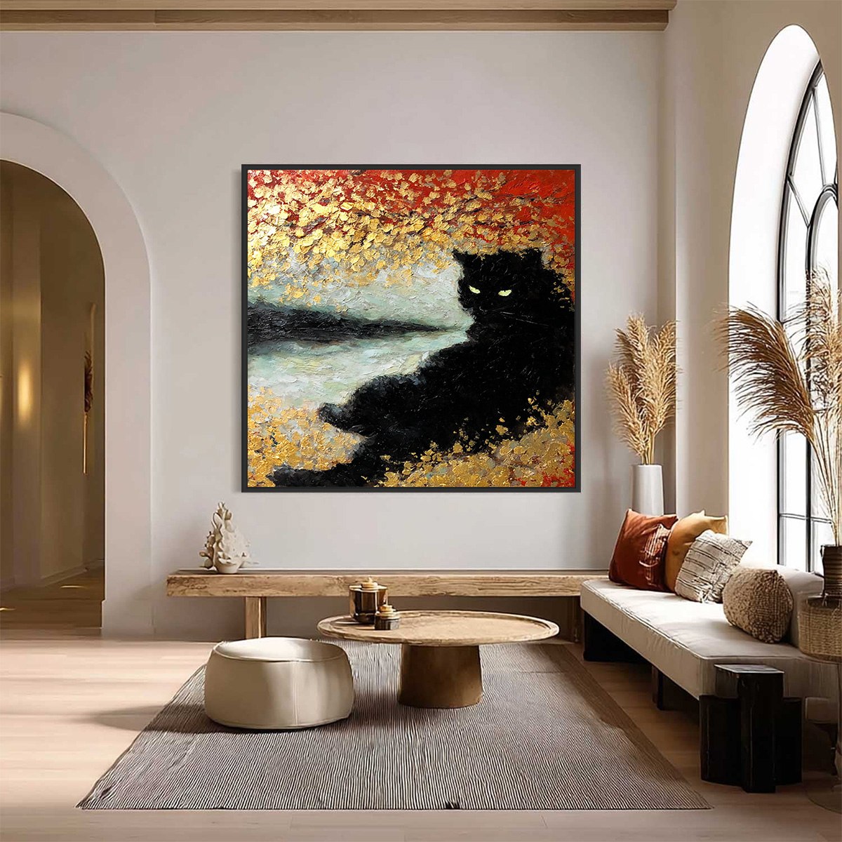 GOLDEN GAZE: Textured Impasto Black Cat Painting with Gold Leaf - Image 2