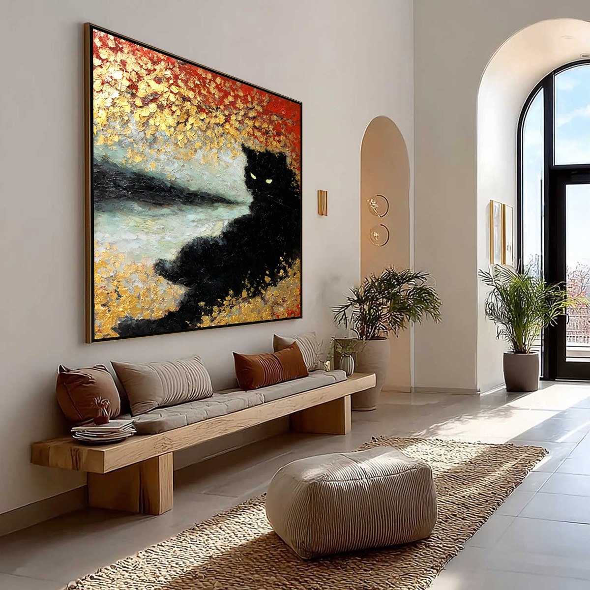 GOLDEN GAZE: Textured Impasto Black Cat Painting with Gold Leaf - Image 7