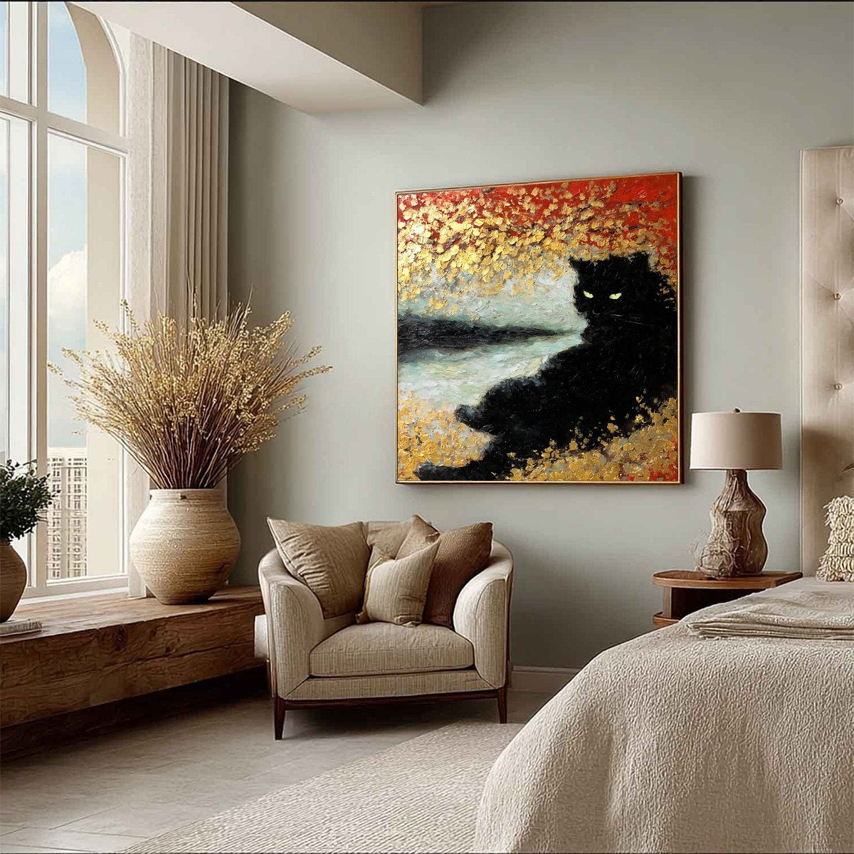 GOLDEN GAZE: Textured Impasto Black Cat Painting with Gold Leaf - Image 8