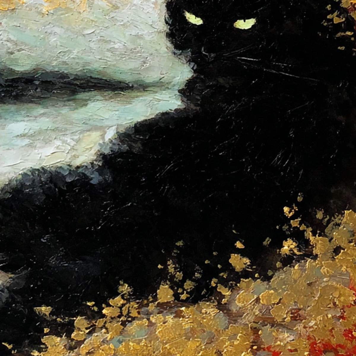 GOLDEN GAZE: Textured Impasto Black Cat Painting with Gold Leaf - Image 3
