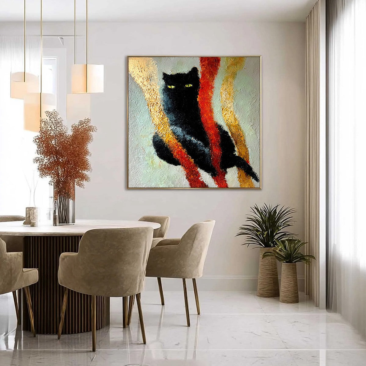 GOLDEN GAZE: Textured Impasto Black Cat Painting with Golden Accents - Image 4