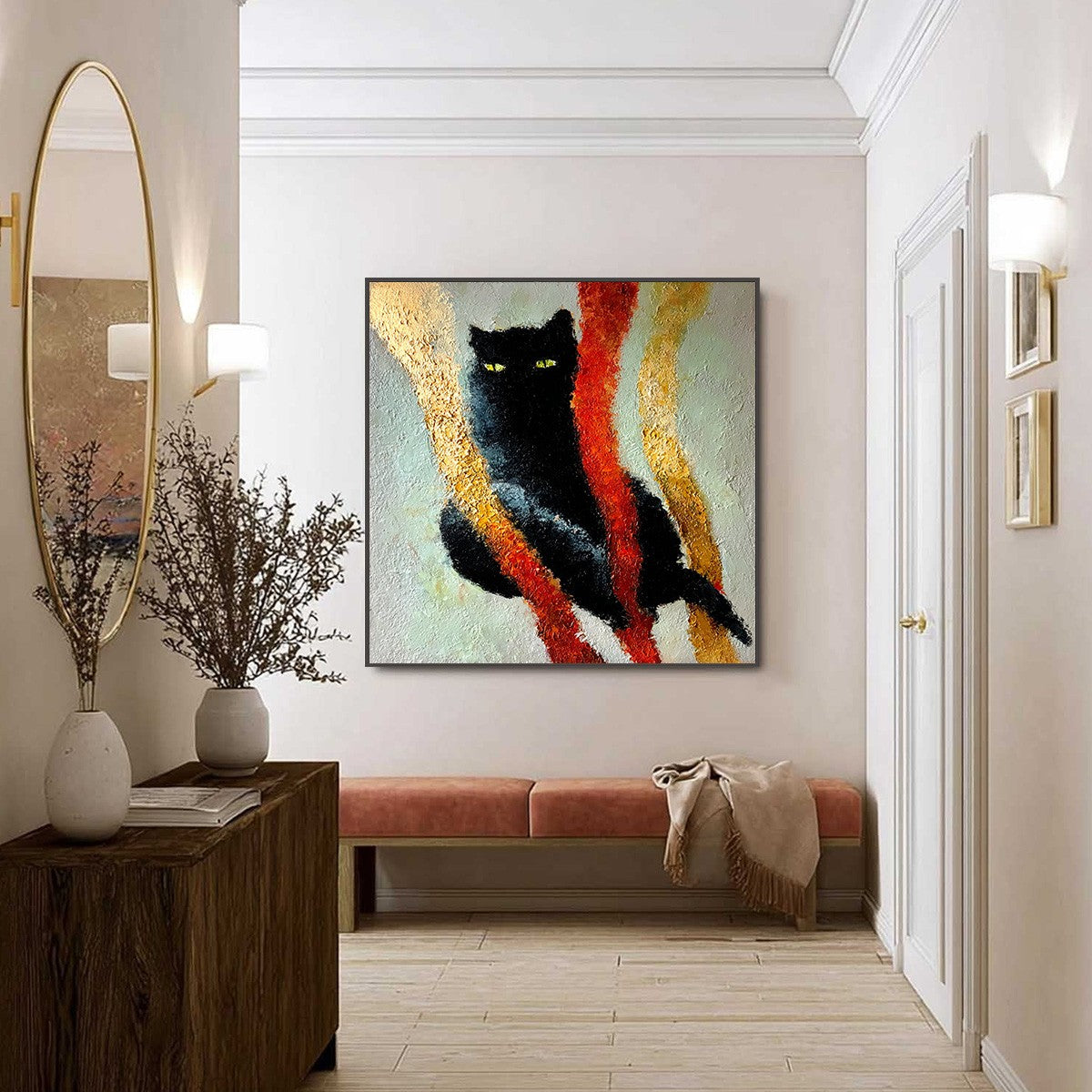 GOLDEN GAZE: Textured Impasto Black Cat Painting with Golden Accents - Image 6