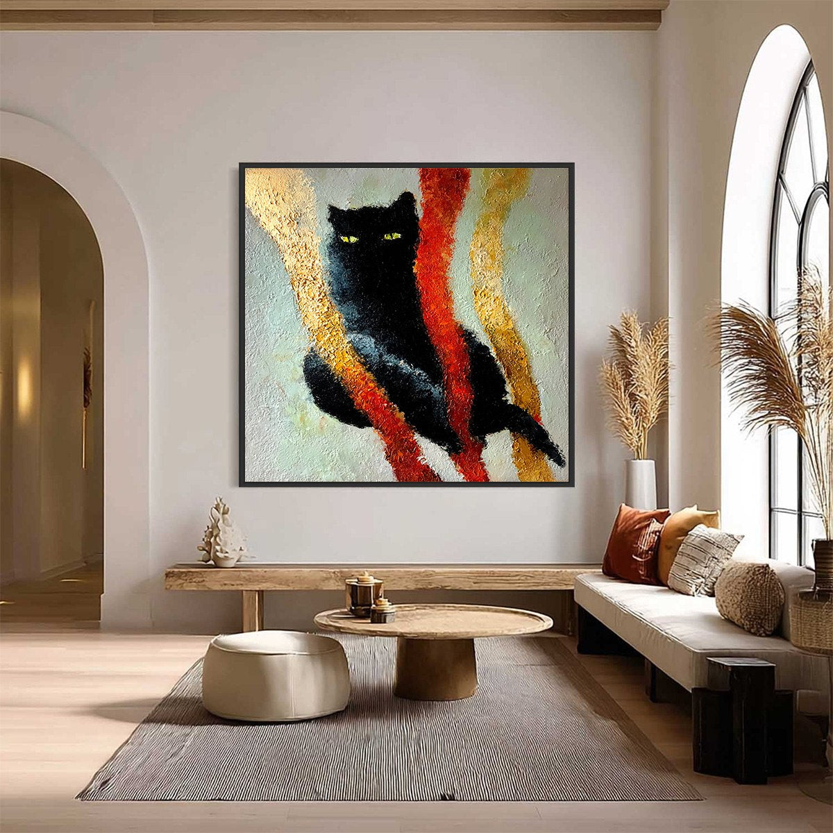 GOLDEN GAZE: Textured Impasto Black Cat Painting with Golden Accents - Image 2