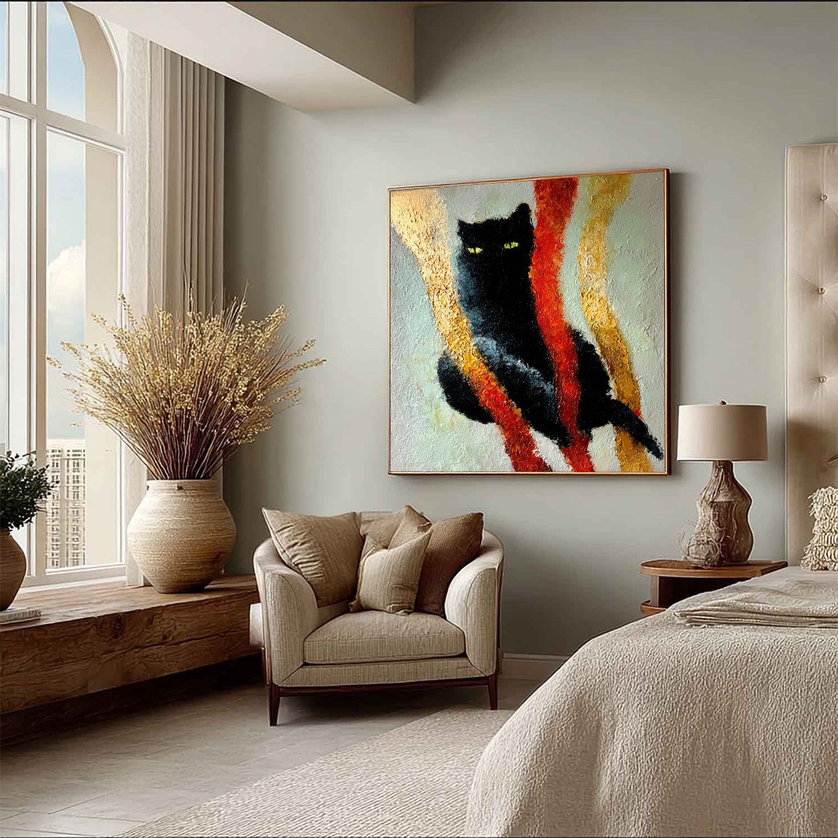 GOLDEN GAZE: Textured Impasto Black Cat Painting with Golden Accents - Image 8