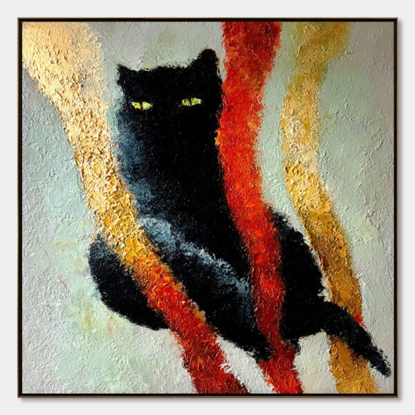 GOLDEN GAZE: Textured Impasto Black Cat Painting with Golden Accents