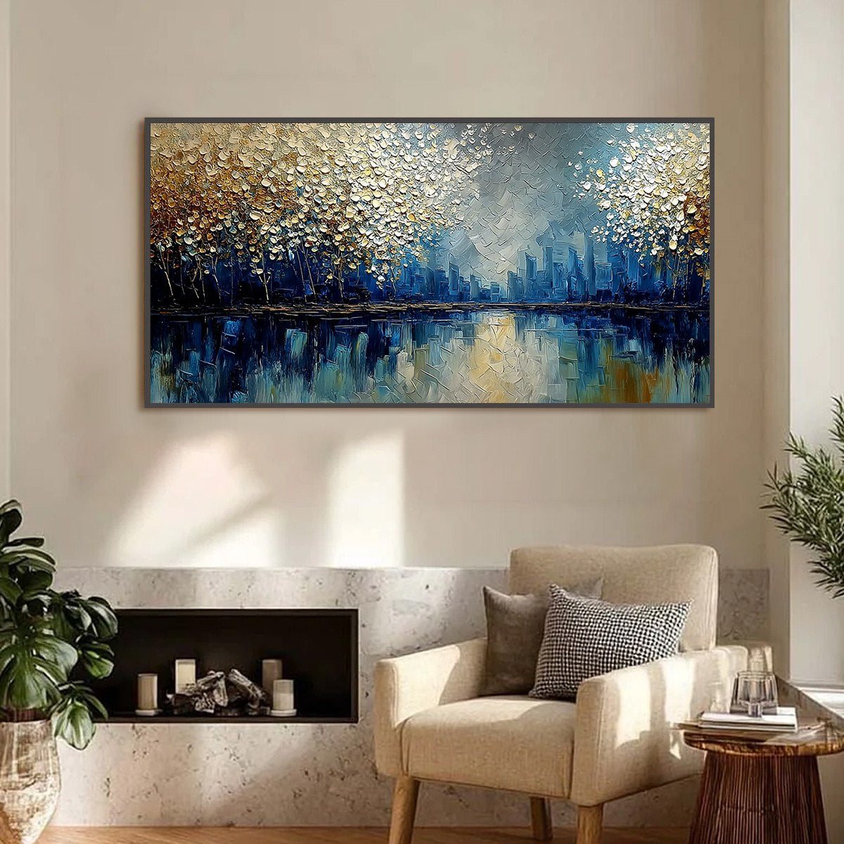 GOLDEN HORIZON: Textured Abstract Cityscape Painting with Golden Hues - Image 2