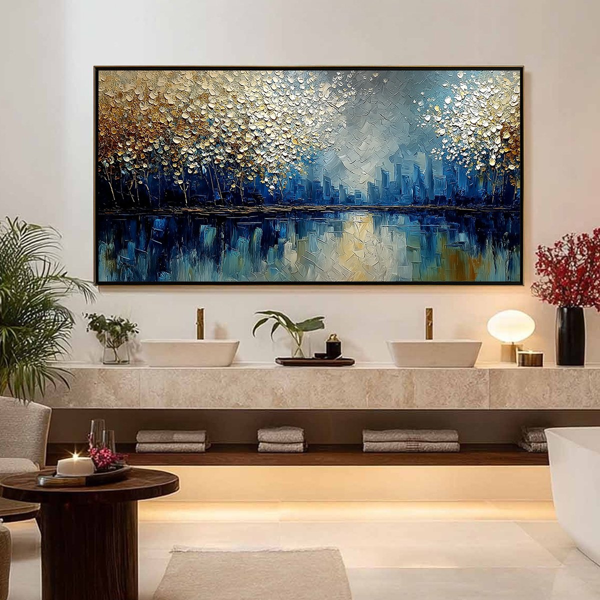 GOLDEN HORIZON: Textured Abstract Cityscape Painting with Golden Hues - Image 4
