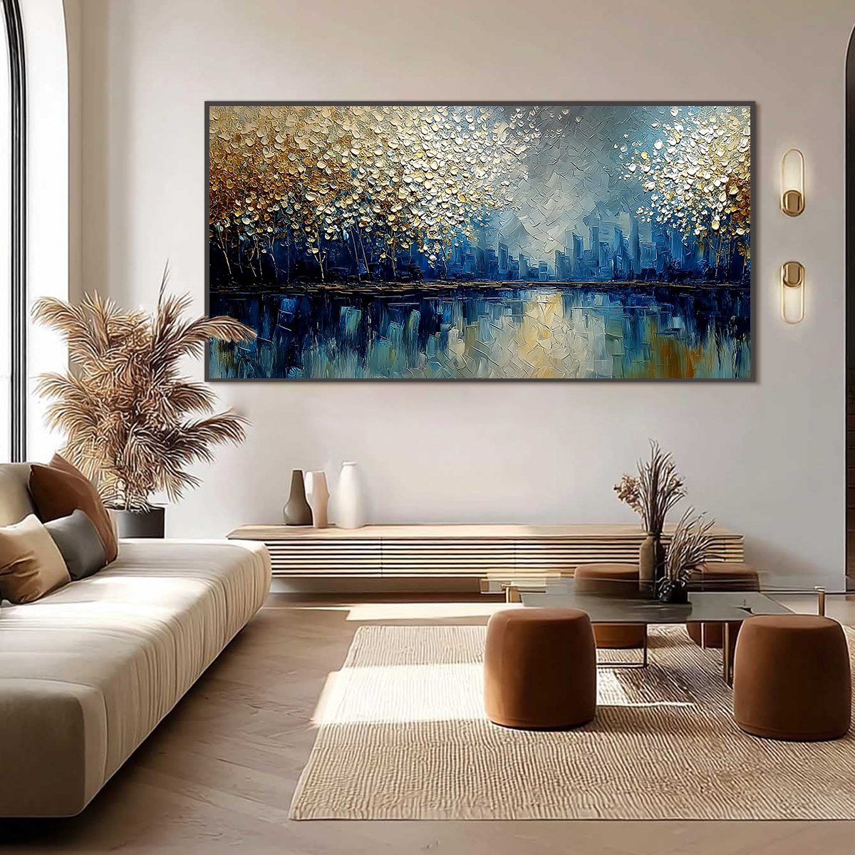 GOLDEN HORIZON: Textured Abstract Cityscape Painting with Golden Hues - Image 6